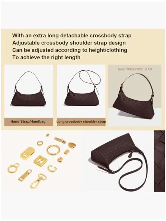 Woven Faux Leather Handbag, Adjustable Crossbody Shoulder Tote Purse - Picture 3 of 7